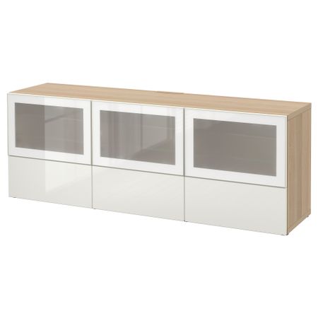 Тумба под ТВ, с дверцами и ящиками БЕСТО, под беленый дуб, Сельсвикен глянцевый/белый матовое стекло (180x40x64 см)
