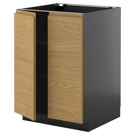 METOD Напольный шкаф с полками/2дверцами - черно-серый/Voxtorp под дуб 60x60 см