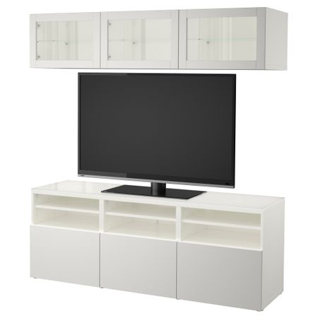 Шкаф для ТВ, комбинированный, стекляные дверцы БЕСТО, белый Лаппвикен, Синдвик светло-серый прозрачное стекло (180x40x192 см)