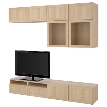 Шкаф для ТВ, комбинированный, стекляные дверцы БЕСТО, Ханвикен, Синдвик под беленый дуб, прозрачное стелко (240x40x230 см)