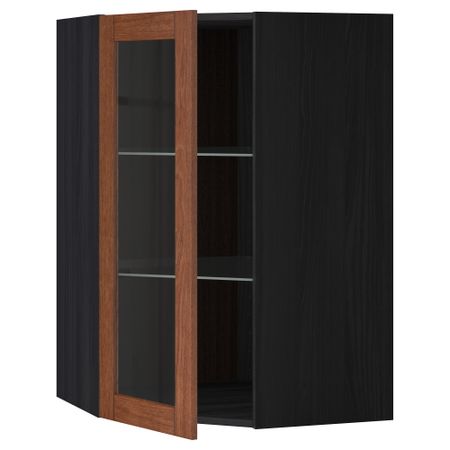 Угловой навесной шкаф с полками, стекляными дверцами МЕТОД, черный, Филипстад коричневый