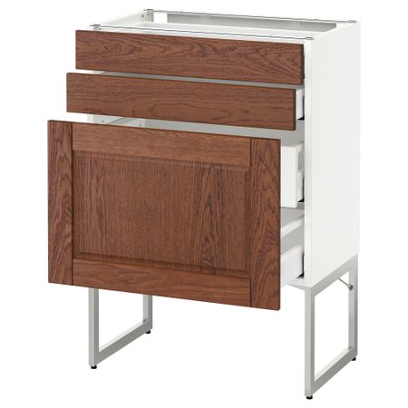Напольный шкаф 3 фронтальных панели, 2 нижних, 2 средних ящика МЕТОД / МАКСИМЕРА, белый, Филипстад коричневый