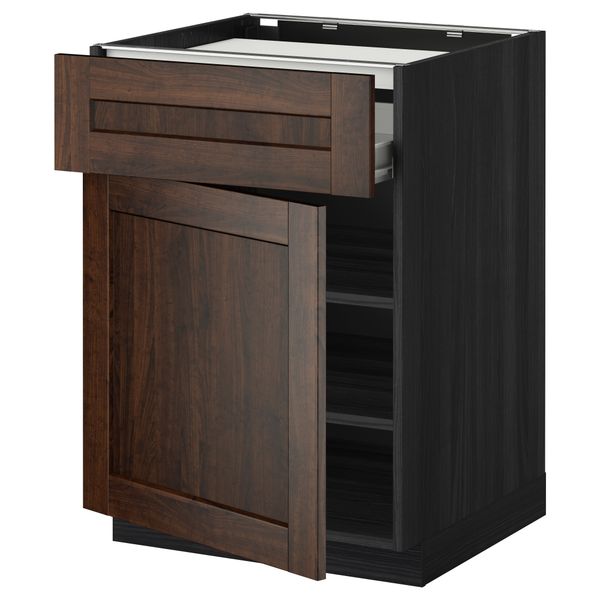 Напольный шкаф для варочной панели, ящик, полка, дверцы МЕТОД / ФОРВАРА, черный, Эдсерум коричневый (60x60 см) - фото 1