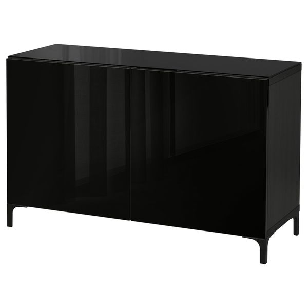 Комбинация для хранения с дверцами БЕСТО, черно-коричневый, Сельсвикен глянцевый/черный (120x40x74 см) - фото 1