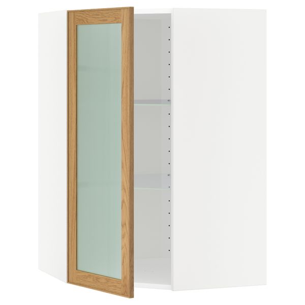 Угловой навесной шкаф с полками, стекляными дверцами МЕТОД, белый, Экестад дуб - схема-чертеж с размерами