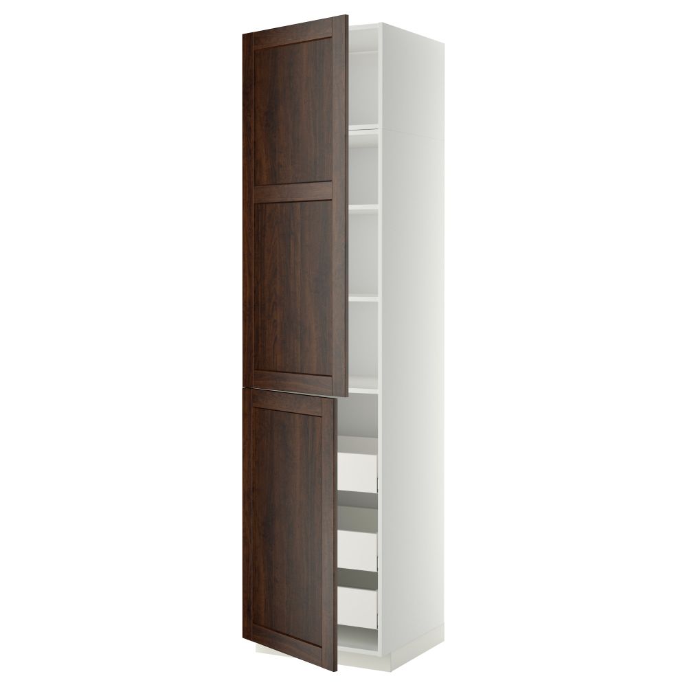 Высокий шкаф + полки, 3 ящика, 2 дверцы МЕТОД / МАКСИМЕРА, белый, Эдсерум коричневый - фото 1