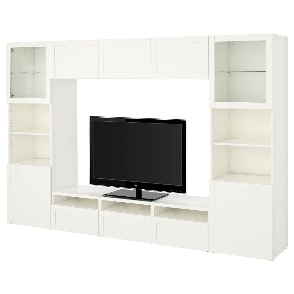 Шкаф для ТВ, комбинированный, стекляные дверцы БЕСТО, Ханвикен, Синдвик белый прозрачное стекло (300x40x192 см) - фото 1