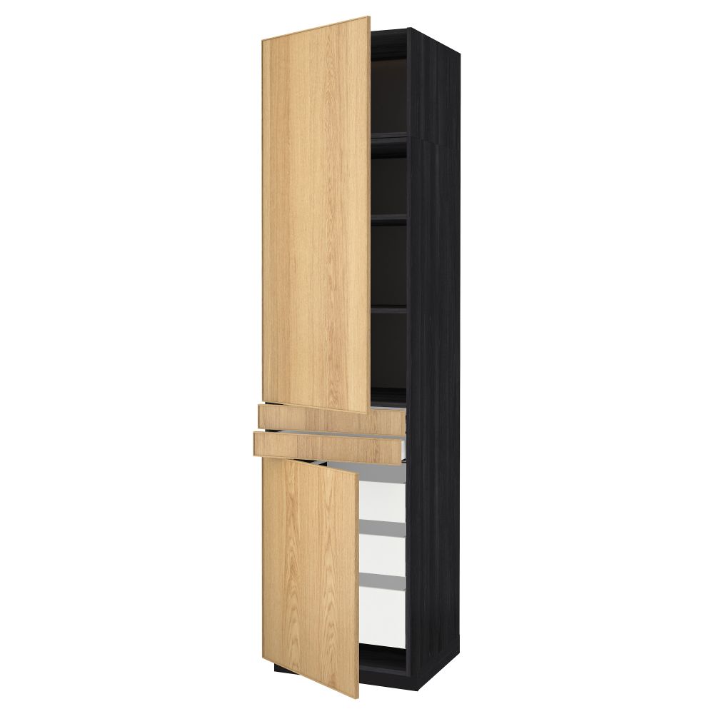Высокий шкаф + полки, 5 ящиков, 2 дверцы, 2 фронтальных МЕТОД / МАКСИМЕРА, черный, Экестад дуб - схема-чертеж с размерами