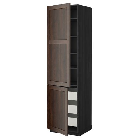 Высокий шкаф + полки, 3 ящика, 2 дверцы МЕТОД / ФОРВАРА, черный, Эдсерум коричневый