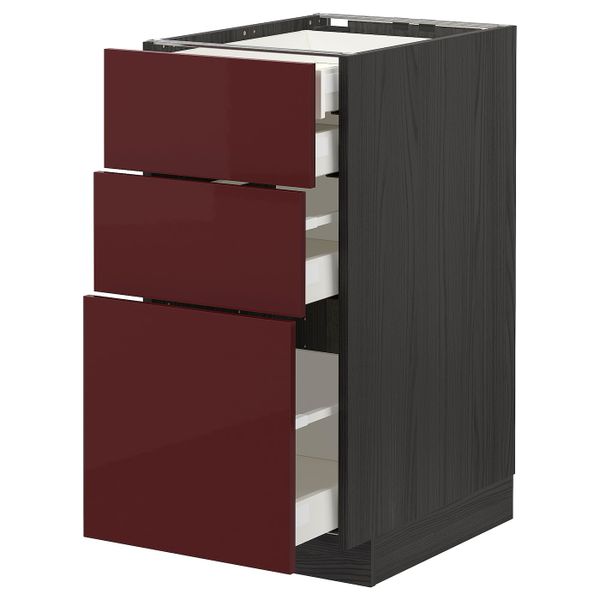 Напольный шкаф 3 фронтальные панели, 2 низких, 1 средний, 1 встроенный ящ, черный Калларп/глянцевый темный красно-коричневый - схема-чертеж с размерами