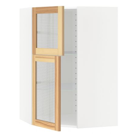 Угловой навесной шкаф + полки, 2 стеклянные дверцы МЕТОД, белый, Торхэмн ясень (68x100 см)