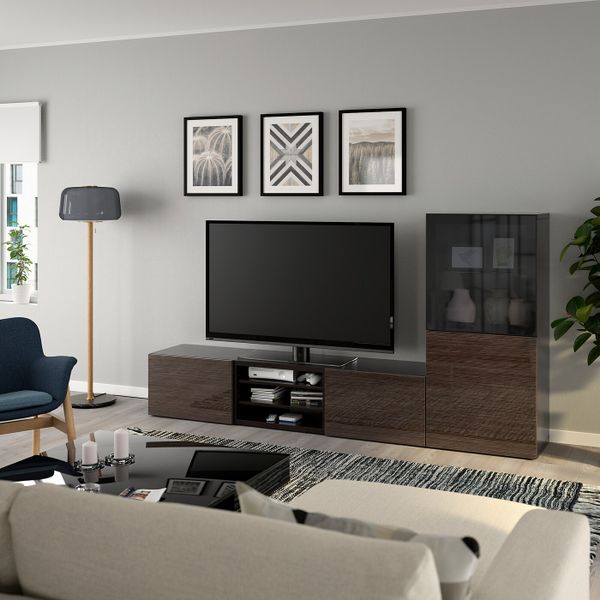 Шкаф для ТВ, комбинированный, стекляные дверцы, черно-коричневый/Сельсвикен глянцевый, коричневый дымчат стекло 240x42x129 см - фото 2