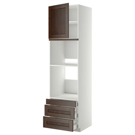 Высокий шкаф для духовки комбинированный, духовка + дверца, 3 ящика МЕТОД / МАКСИМЕРА, белый, Эдсерум коричневый