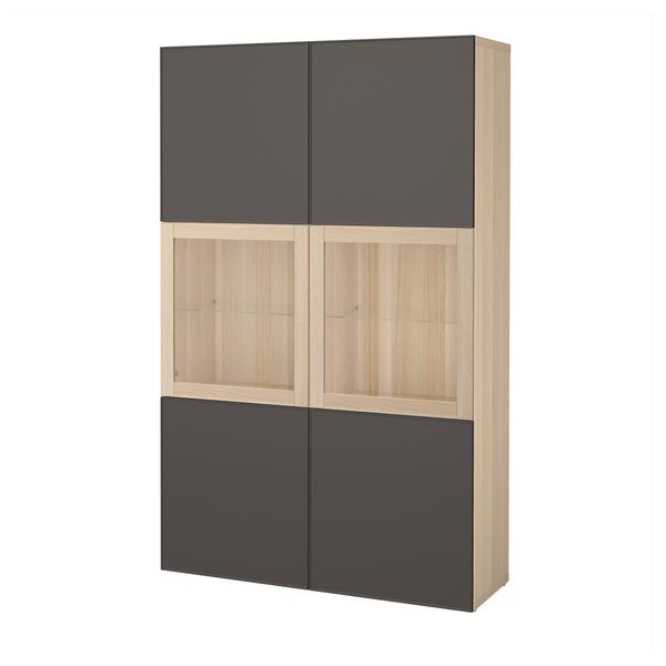 Комбинация для хранения со стеклянными дверцами БЕСТО, под беленый дуб Грундсвикен, темно-серый прозрачное стекло - фото 1