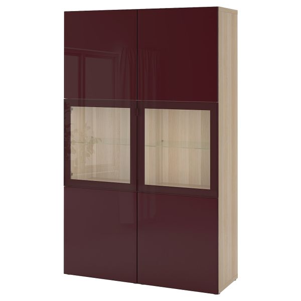 Комбинация для хранения + стеклянная дверц, под беленый дуб Сельсвикен/темный красно-коричневый прозрачное стекло 120x42x192 см - фото 1
