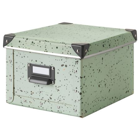 Коробка с крышкой ФЬЕЛЛА, светло-зеленый, в горошек (22x26x16 см)