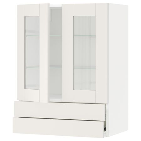 Навесной шкаф, 2 стеклянные дверцы, 2 ящика МЕТОД / ФОРВАРА, белый, Сэведаль белый