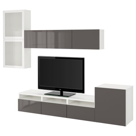 Шкаф для ТВ, комбинированный, стекляные дверцы БЕСТО, белый, Сельсвикен глянцевый/серый матовое стекло (300x20/40x211 см)