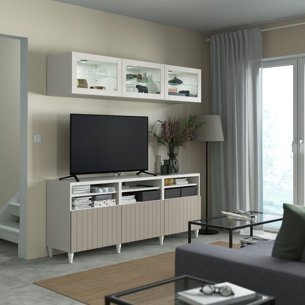 Шкаф для ТВ, комбинированный, стекляные дверцы, белый СУТТЕРВ/КАББАРП/серо-бежевый прозрачное стекло 180x42x192 см IKEA BESTÅ - фото 3