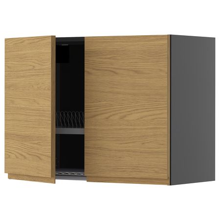 METOD Навесной шкаф с сушилкой/2дверцы - черно-серый/Voxtorp под дуб 80x60 см