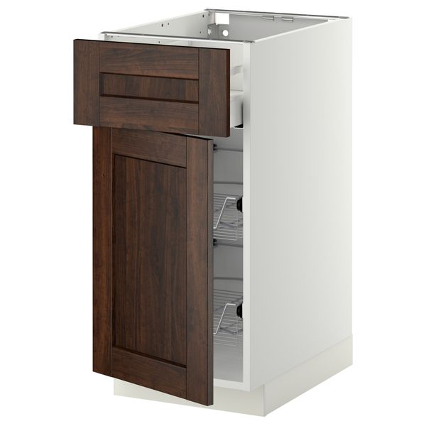 Напольный шкаф с проволочной корзиной, ящиком, дверью МЕТОД / МАКСИМЕРА, белый, Эдсерум коричневый - схема-чертеж с размерами
