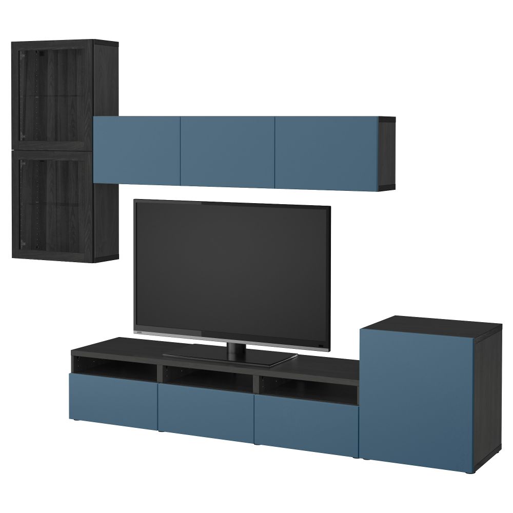 Шкаф для ТВ, комбинированный, стекляные дверцы БЕСТО, черно-коричневый Вальвикен, темно-синий прозрачное стекло (300x20/40x211 - фото 1