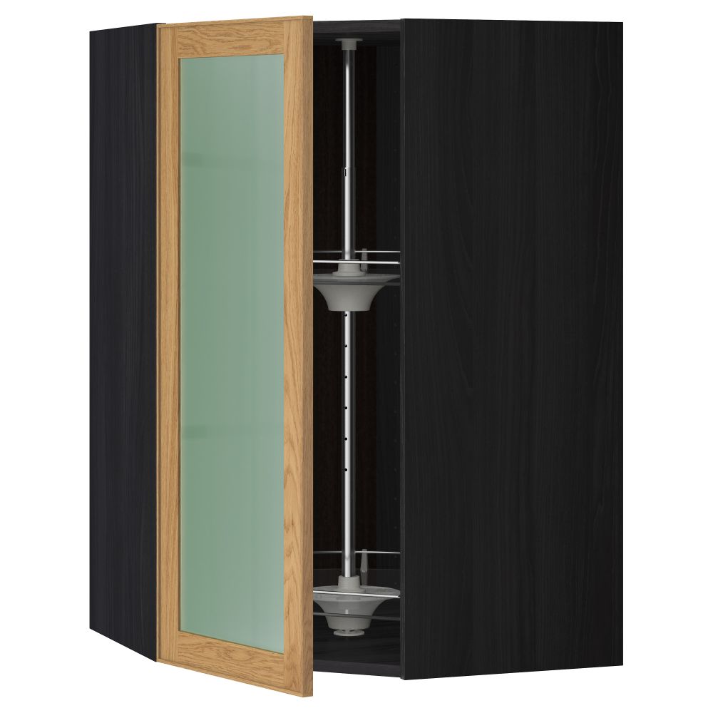 Угловой навесной шкаф с вращающающейся секцией, стеклянными дверцами МЕТОД, черный, Экестад дуб - схема-чертеж с размерами