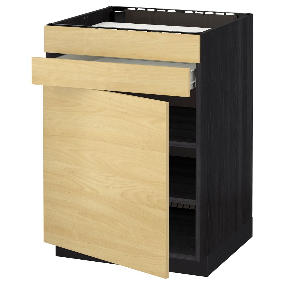 Напольный шкаф для варочной панели, доводчик, 2 фасада, 1 ящик МЕТОД / ФОРВАРА, черный, Тингсрид береза (60x60 см) - схема-чертеж с размерами
