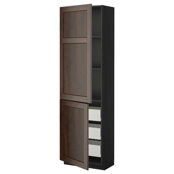 Высокий шкаф + полки, 3 ящика, 2 дверцы МЕТОД / ФОРВАРА, черный, Эдсерум коричневый - фото 1