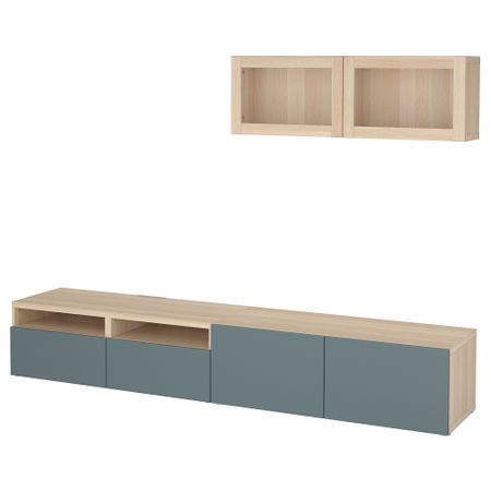 Шкаф для ТВ, комбинированный, стекляные дверцы БЕСТО, под беленый дуб, Вальвикен серо-бирюзовый, прозрачное стекло