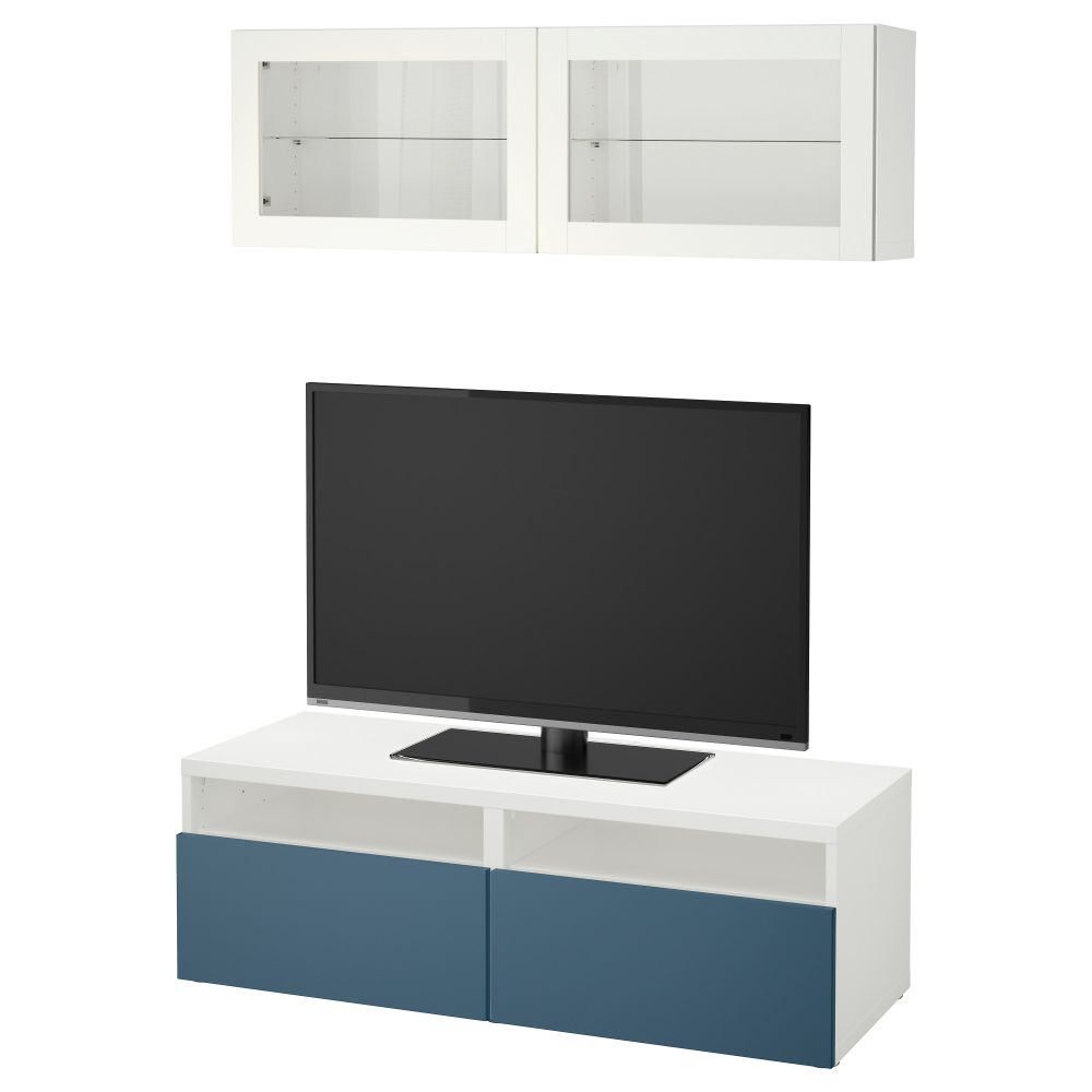 Шкаф для ТВ, комбинированный, стекляные дверцы БЕСТО, белый Вальвикен, темно-синий прозрачное стекло (120x20/40x166 см) - фото 1