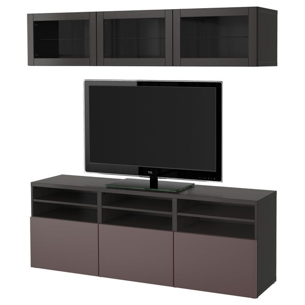 Шкаф для ТВ, комбинированный, стекляные дверцы БЕСТО, черно-коричневый, Вальвикен темно-коричневый, прозрачное стекло - фото 1