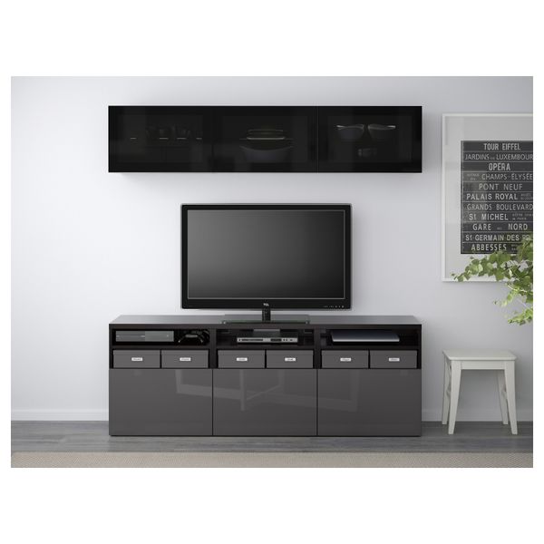 Шкаф для ТВ, комбинированный, стекляные дверцы БЕСТО, черно-коричневый, Сельсвикен глянцевый/серый дымчатое стекло (180x40x192 - фото 2