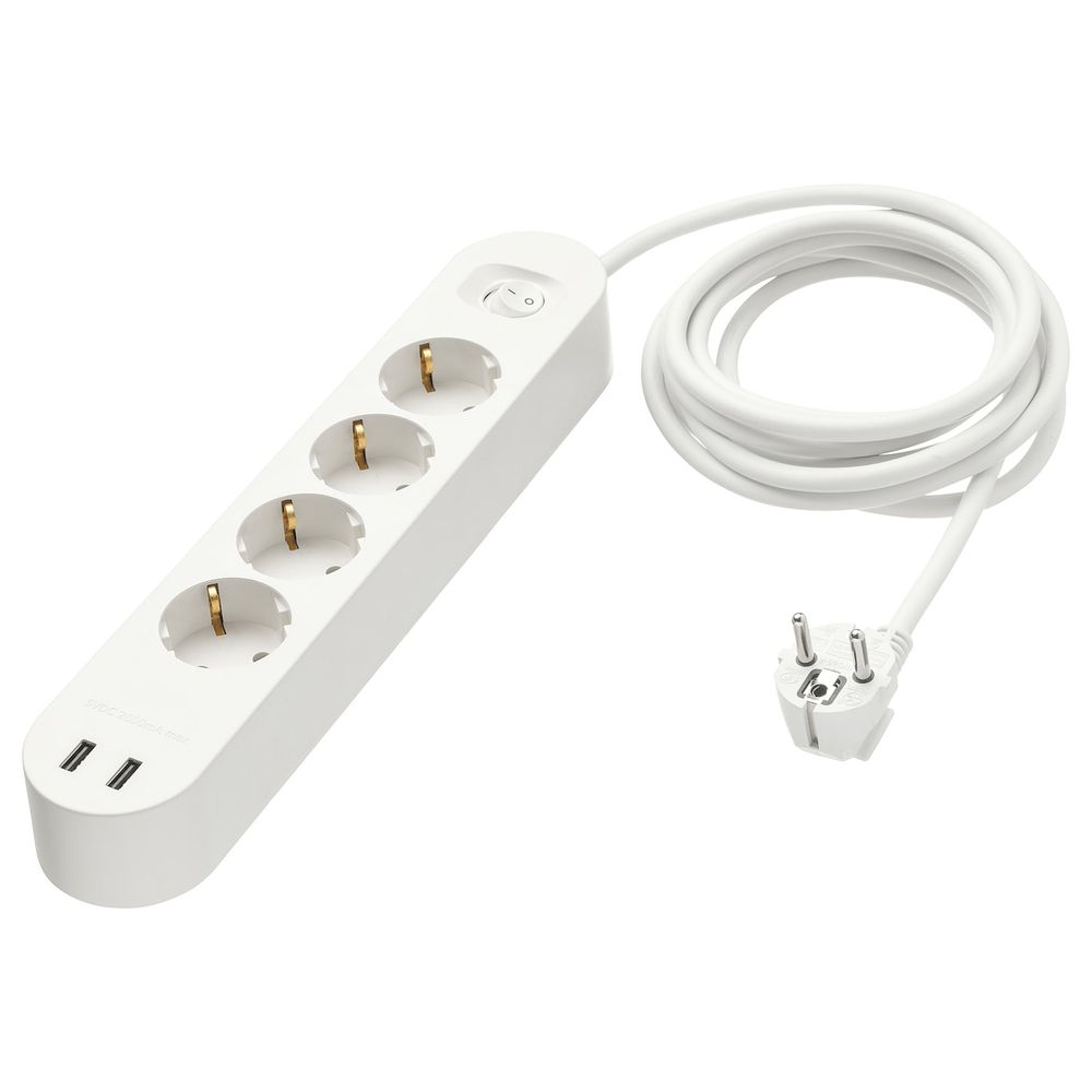 Удлинитель 4-местный, 2 USB-порта, белый 3.0 м IKEA KOPPLA КОПЛА 303.625.56 - фото 1