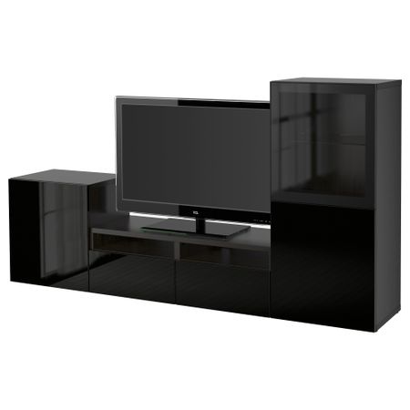 Шкаф для ТВ, комбинированный, стекляные дверцы БЕСТО, черно-коричневый, Сельсвикен глянцевый/черный прозрачное стекло