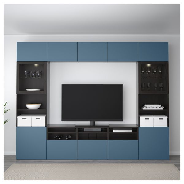 Шкаф для ТВ, комбинированный, стекляные дверцы БЕСТО, черно-коричневый Вальвикен, темно-синий прозрачное стекло (300x40x230 см) - фото 2