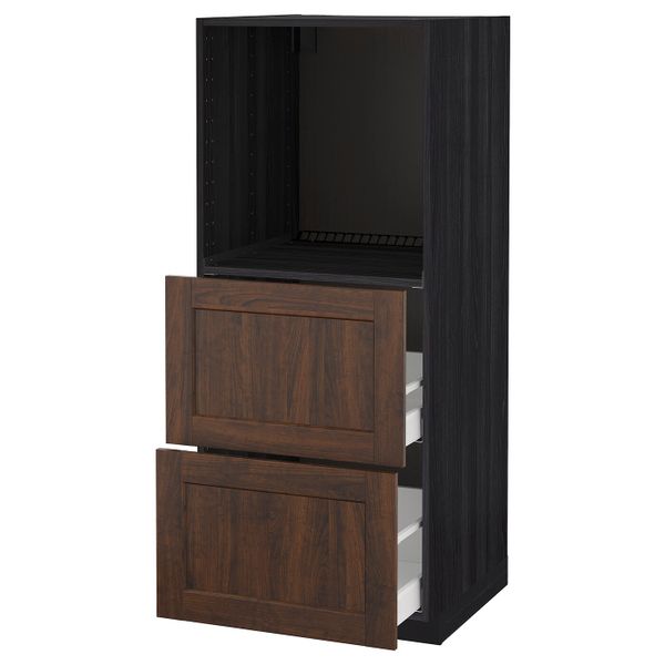Высокий шкаф с 2 ящиками для/духовки, черный/Эдсерум коричневый 60x60x140 см IKEA МЕТОД / МАКСИМЕРА 192.378.75 - схема-чертеж с размерами