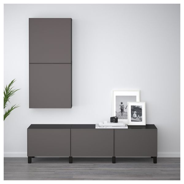 Навесной шкаф с 2 дверями БЕСТО, черно-коричневый, Грундсвикен темно-серый (60x20x128 см) - фото 2