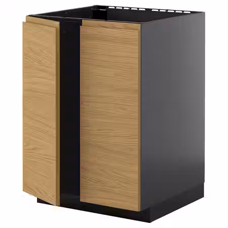 METOD Напольный шкаф для мойки+2 двери - черно-серый/Voxtorp под дуб 60x60 см