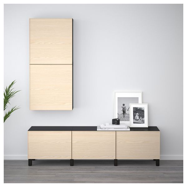 Навесной шкаф с 2 дверями БЕСТО, черно-коричневый, Инвикен ясеневый шпон (60x20x128 см) - фото 2