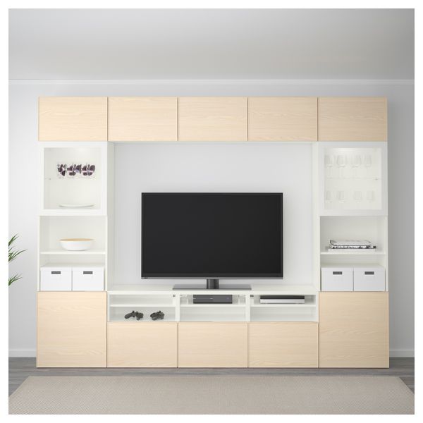 Шкаф для ТВ, комбинированный, стекляные дверцы БЕСТО, белый Инвикен, ясеневый шпон прозрачное стекло (300x40x230 см) - фото 2