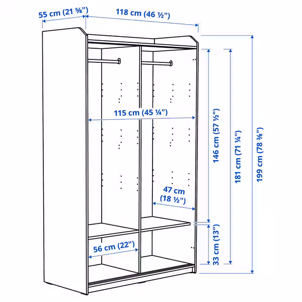 HAUGA Гардероб с раздвижными дверями - белый 118x55x199 см - схема-чертеж с размерами