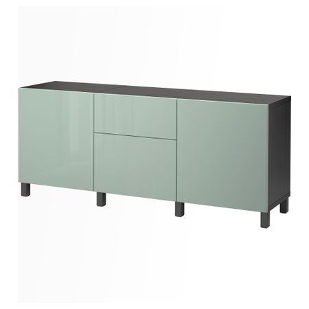 Комбинация для хранения с ящиками БЕСТО, черно-коричневый, Сельсвикен глянцевый/серо-зеленый светлый (180x40x74 см)