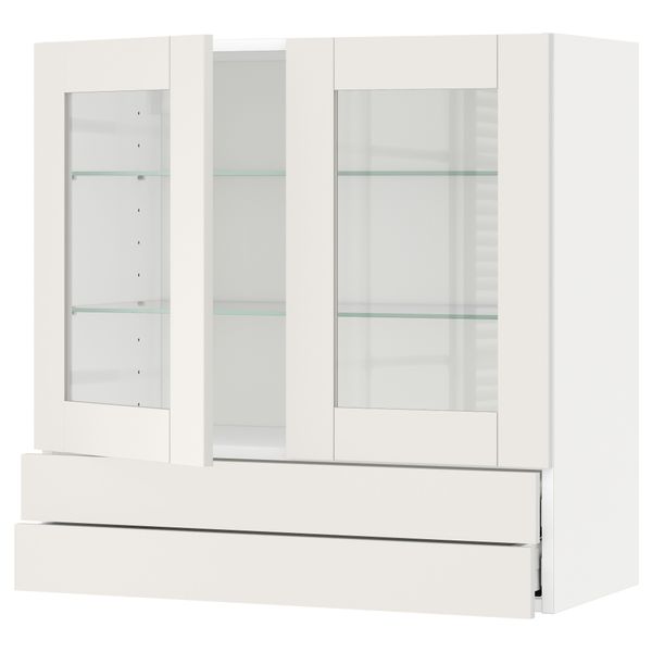 Навесной шкаф, 2 стеклянные дверцы, 2 ящика МЕТОД / МАКСИМЕРА, белый, Сэведаль белый - схема-чертеж с размерами