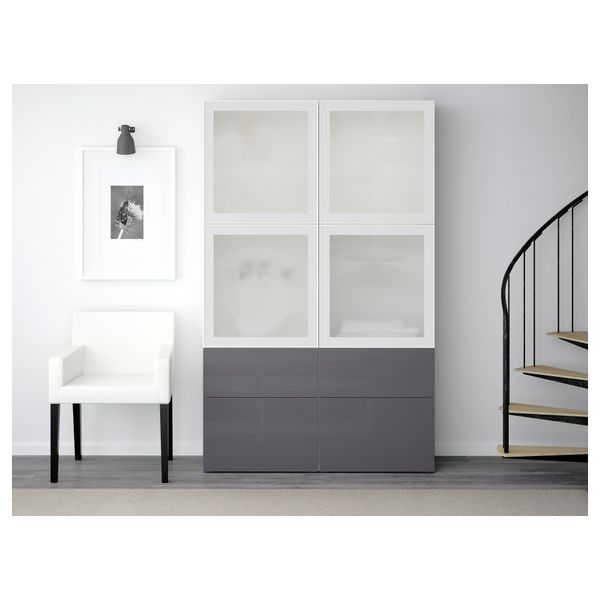 Комбинация для хранения со стеклянными дверцами БЕСТО, белый, Сельсвикен глянцевый/серый матовое стекло (120x40x192 см) - схема-чертеж с размерами