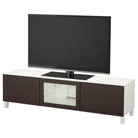 Тумба под ТВ с ящиками и дверцей БЕСТО, белый, Инвикен черно-коричневый прозрачное стекло (180x40x48 см)
