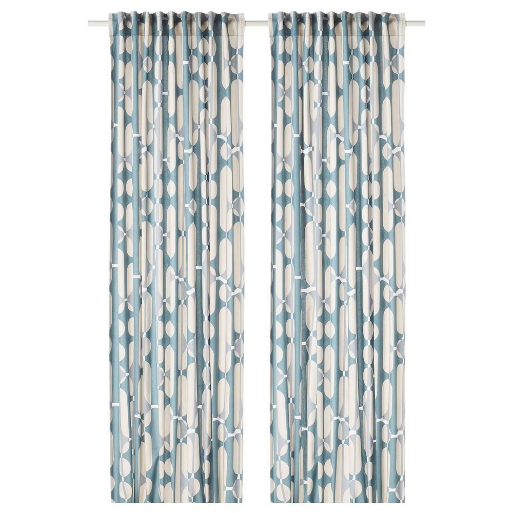 Гардины, 2 шт., бежевый, синий 145x300 см IKEA FJÄLLMÄTARE ФЬЕЛЛЬМЭТАРЕ 204.698.69 - фото 1