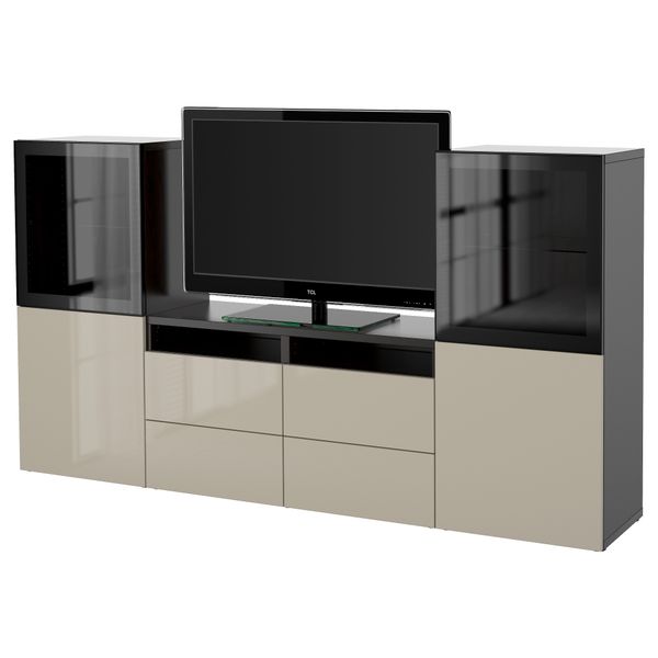 Шкаф для ТВ, комбинированный, стекляные дверцы БЕСТО, черно-коричневый, Сельсвикен глянцевый/бежевый прозрачное стекло - фото 1