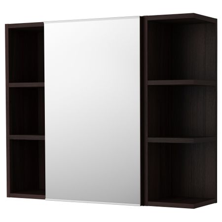 Шкафчик зеркальный с 1 дверцей, 2 открытыми полки ЛИЛЛОНГЕН, черно-коричневый (80x21x64 см)
