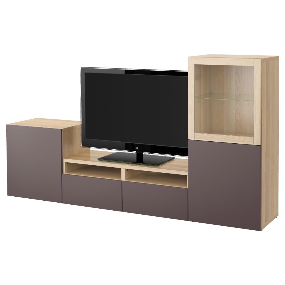 Шкаф для ТВ, комбинированный, стекляные дверцы БЕСТО, под беленый дуб, Вальвикен темно-коричневый, прозрачное стекло (240x40x128 - фото 1